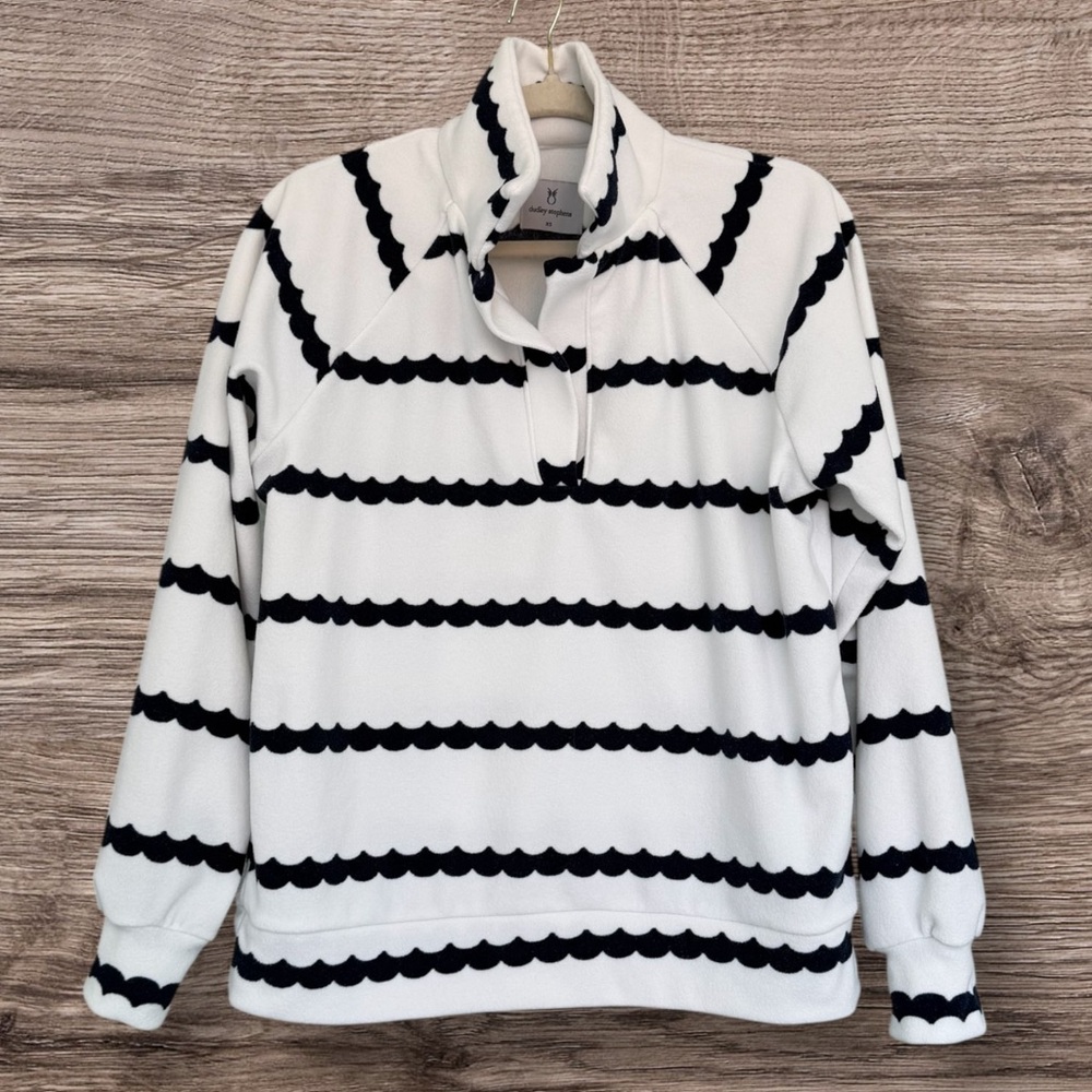 Dudley Stephens Ingrid Pullover Cream Navy Blue Scallop Stripe Terry Fleece XS